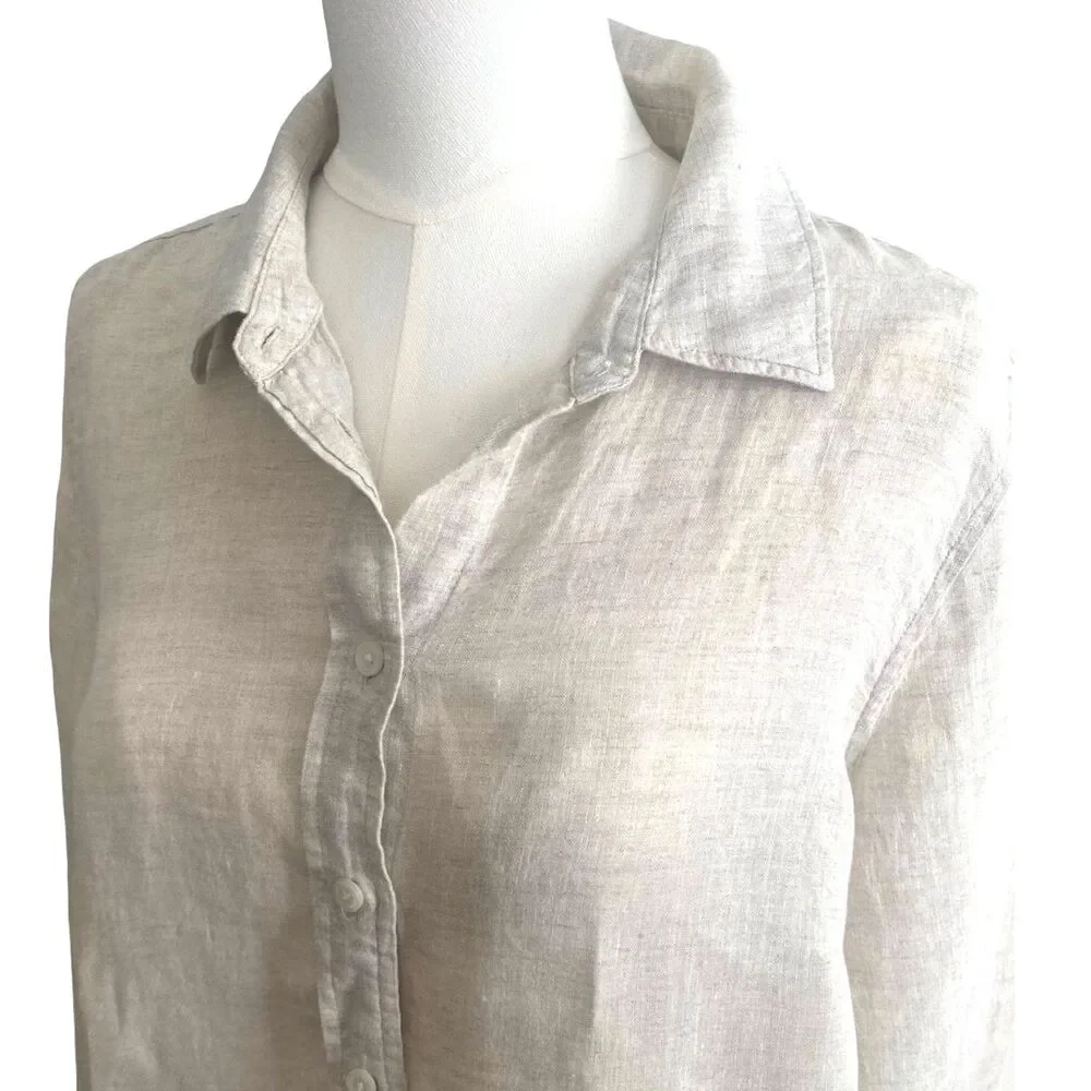 Talbots 100% Linen Natural Tunic Top Button Down Shirt LP Relaxed Coastal Beach